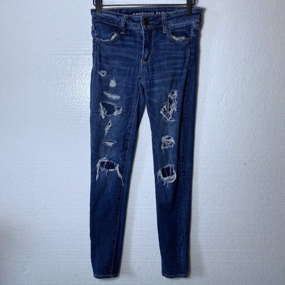 American Eagle Outfitters Denim - American Eagle Womens Size 0 Ripped Distressed Jeggings Jeans Stretchy Dark Wash